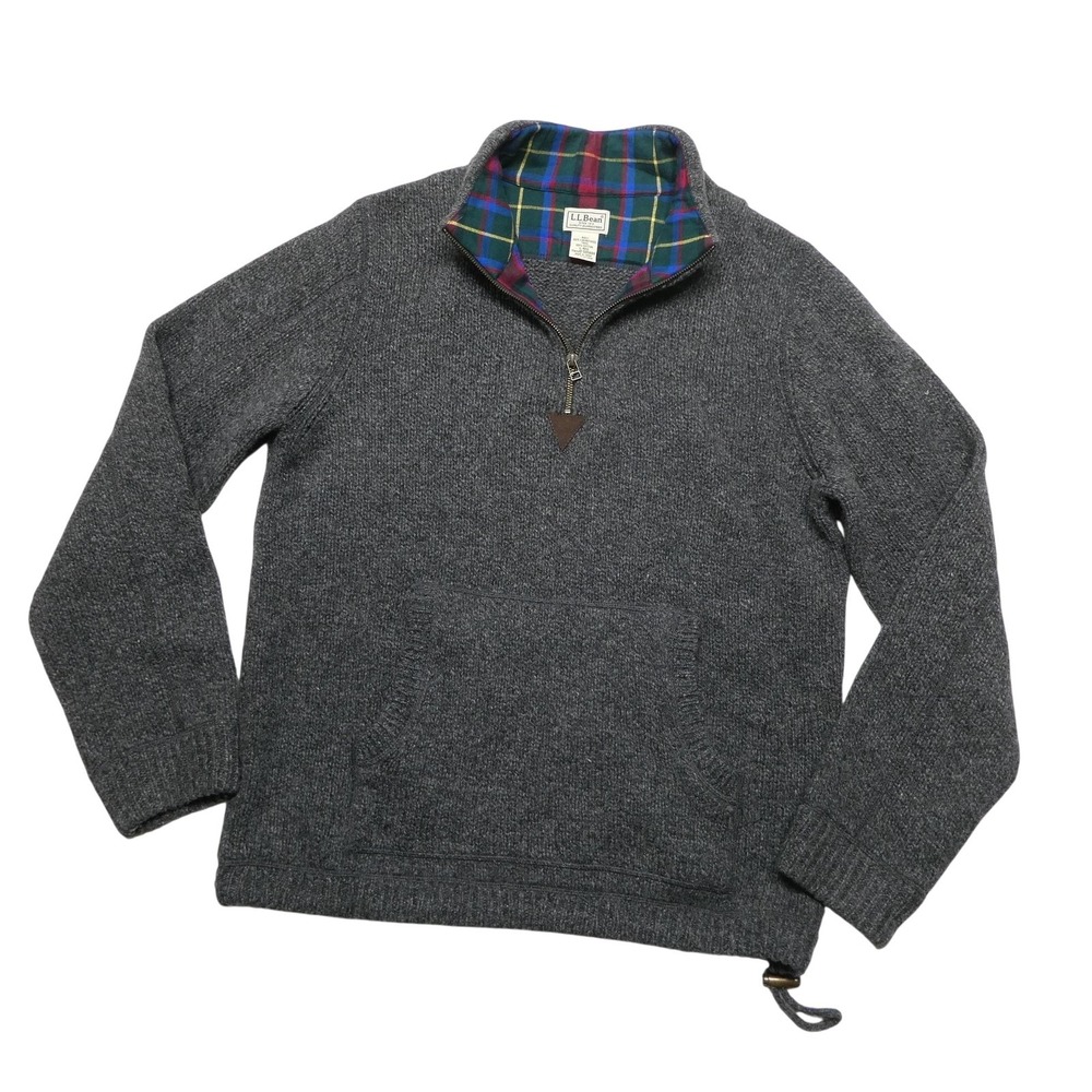 L.L. Bean Sweater Mens L Gray Lambswool 1/4 Zip Mock Neck Kangaroo Pocket Warm